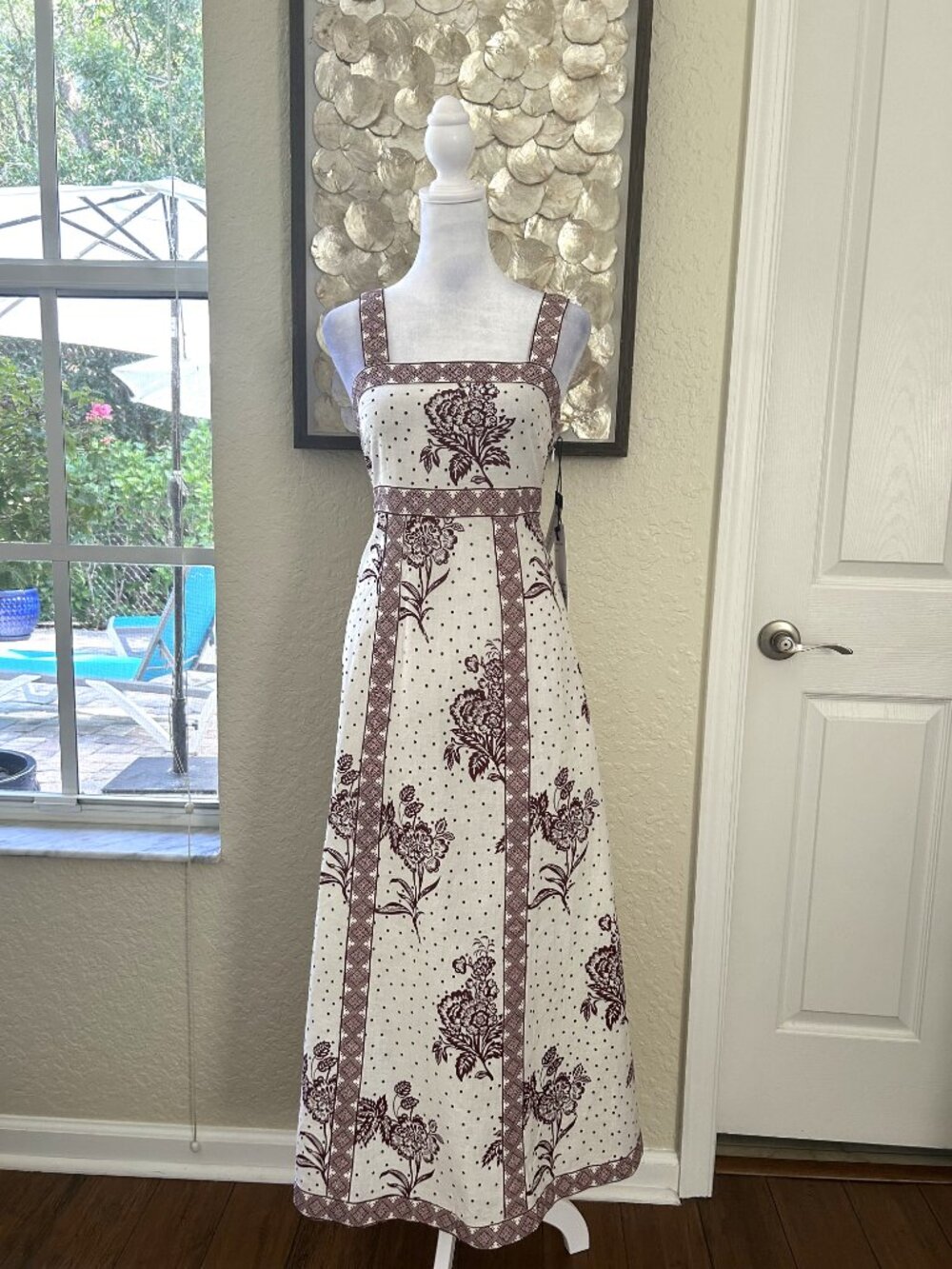 NWT Tulip Creations Crean & Burgundy Floral Linen Blend Midi Dress